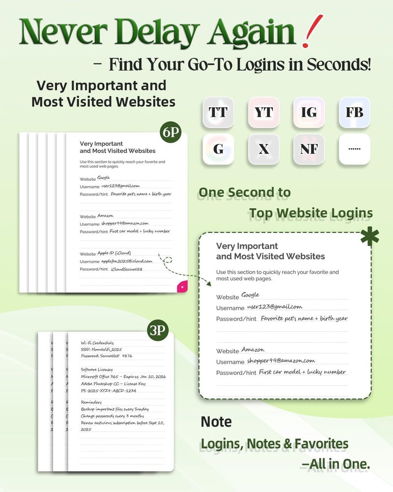 hi!SCI Password Keeper Book with Colorful Alphabetical Tabs, Small Pocket Password Logbook for Seniors, 4.7 x 6.2" Internet Website Address Organizer, Stores 675 Passwords (Sage Green) - Image 5